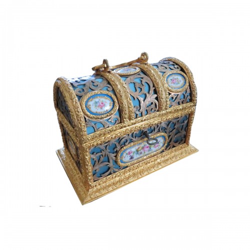 A late  19th century Bronze and porcelain Jewelry Box