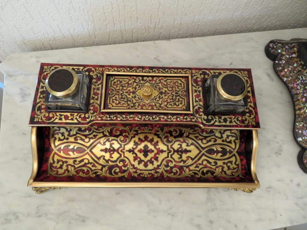 French inkwell in Boulle marquetry with crystal inkwell 19th Napoleon ...