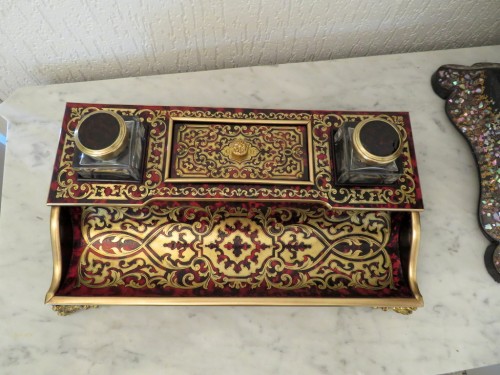 Decorative Objects  - French inkwell in Boulle marquetry with crystal inkwell 19th Napoleon III p