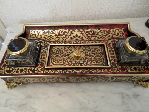 French inkwell in Boulle marquetry with crystal inkwell 19th Napoleon III p - 