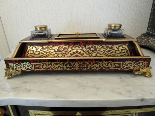 19th century - French inkwell in Boulle marquetry with crystal inkwell 19th Napoleon III p