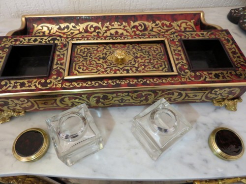 Antiquités - French inkwell in Boulle marquetry with crystal inkwell 19th Napoleon III p