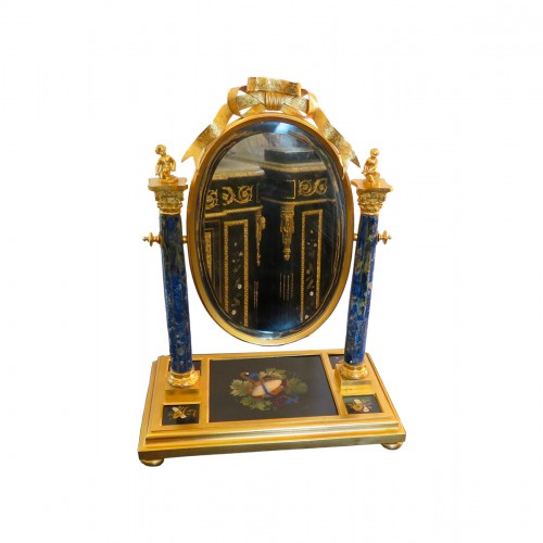 Miroir spyché en bronze et marqueterie de pierre dure