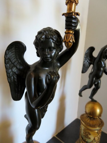 Paire de candélabres en bronze et marbre jaune époque Empire - Luminaires Style Empire