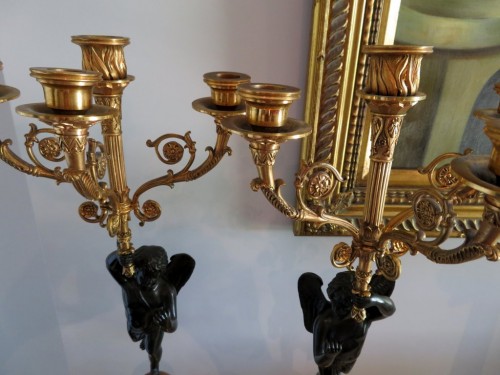 Paire de candélabres en bronze et marbre jaune époque Empire - Antiquités Biau