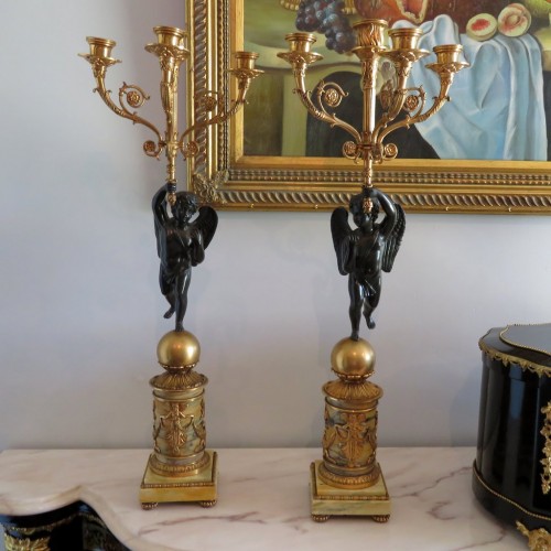 Antiquités - Paire de candélabres en bronze et marbre jaune époque Empire