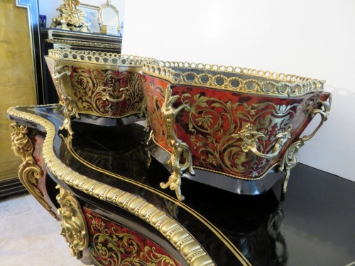 Paire de jardinières Napoléon III en marqueterie Boulle en partie et contre-partie - Objet de décoration Style Napoléon III