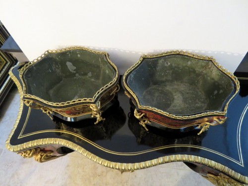 Paire de jardinières Napoléon III en marqueterie Boulle en partie et contre-partie - Antiquités Biau
