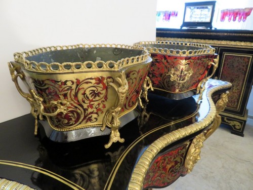 Paire de jardinières Napoléon III en marqueterie Boulle en partie et contre-partie - Napoléon III