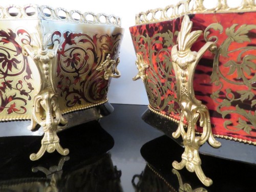Antiquités - Paire de jardinières Napoléon III en marqueterie Boulle en partie et contre-partie
