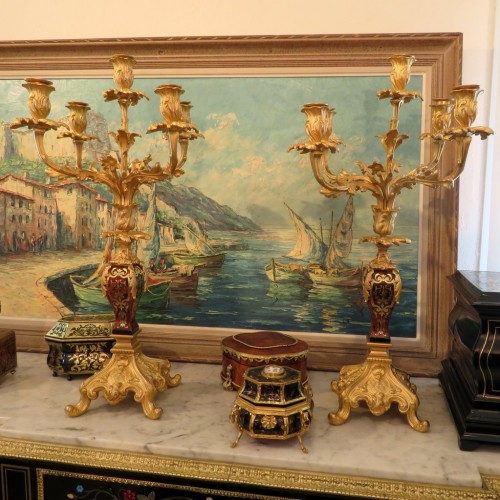 Paire de candélabres Napoléon III en marqueterie Boulle et en bronze - Luminaires Style Napoléon III