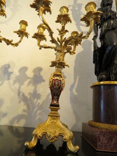 Napoléon III - Paire de candélabres Napoléon III en marqueterie Boulle et en bronze