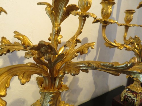 Antiquités - Paire de candélabres Napoléon III en marqueterie Boulle et en bronze