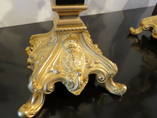 Antiquités - Paire de candélabres Napoléon III en marqueterie Boulle et en bronze