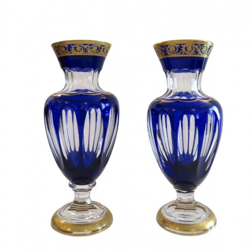 Pair of dark blue vases in crystal Saint - Louis Thistle gold