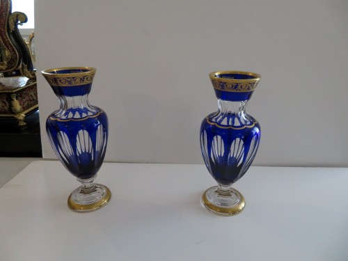 Pair of dark blue vases in crystal Saint - Louis Thistle gold - 