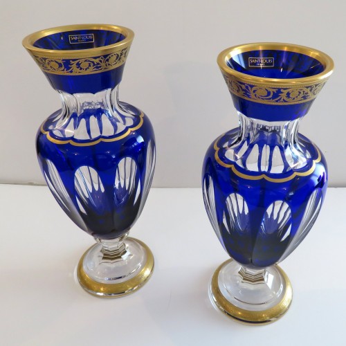 Pair of dark blue vases in crystal Saint - Louis Thistle gold - Art nouveau