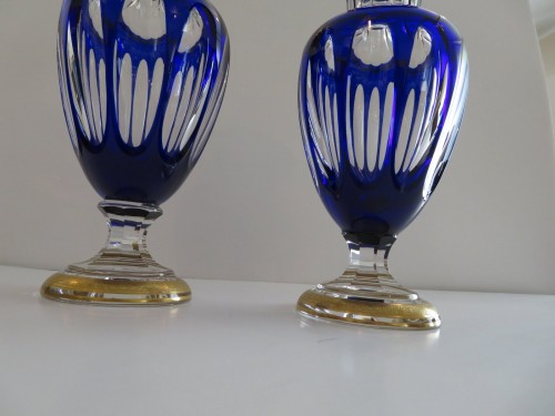 Art nouveau - Pair of dark blue vases in crystal Saint - Louis Thistle gold
