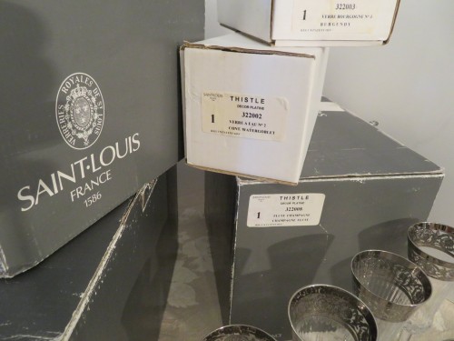 Art nouveau - 22 glasses,1 decanter in crystal Saint - Louis Thistle platinum with boxes