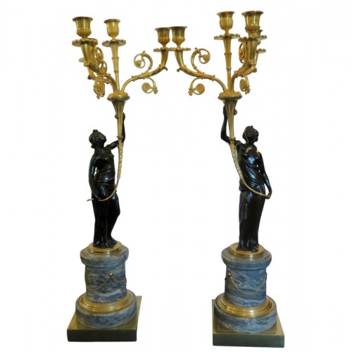  Pair of Candelabra golden Bronze and marble Empire period