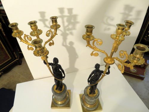 Lighting  -  Pair of Candelabra golden Bronze and marble Empire period
