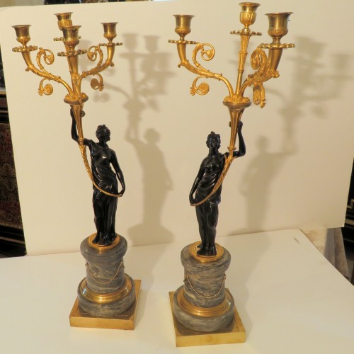 19th century -  Pair of Candelabra golden Bronze and marble Empire period