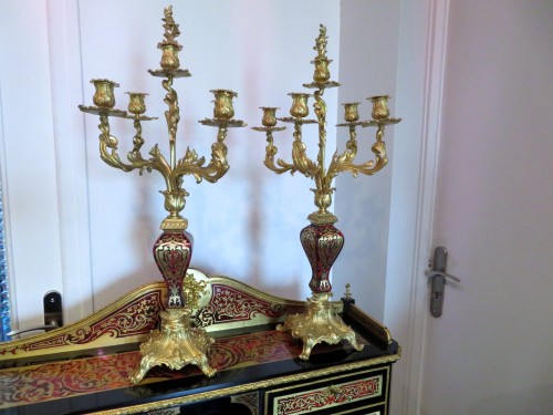 19th century - Pair of Candelabra golden Bronze and Boulle marquetry  Napoléon III period