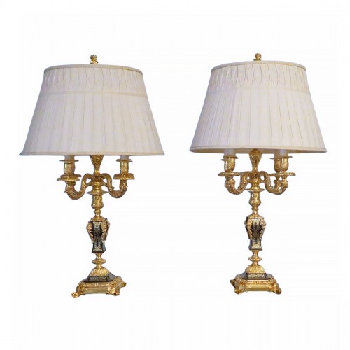 Paire de Lampe Candelabre en marqueterie Boulle et en Bronze époque Napoléon III