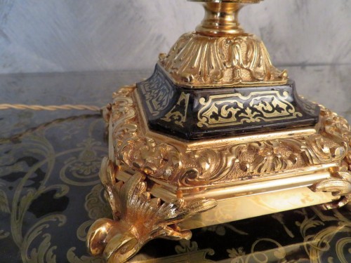 Paire de Lampe Candelabre en marqueterie Boulle et en Bronze époque Napoléon III - Luminaires Style Napoléon III