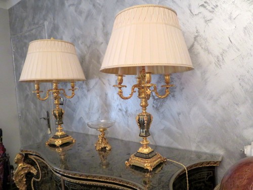 XIXe siècle - Paire de Lampe Candelabre en marqueterie Boulle et en Bronze époque Napoléon III