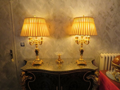 Antiquités - Paire de Lampe Candelabre en marqueterie Boulle et en Bronze époque Napoléon III