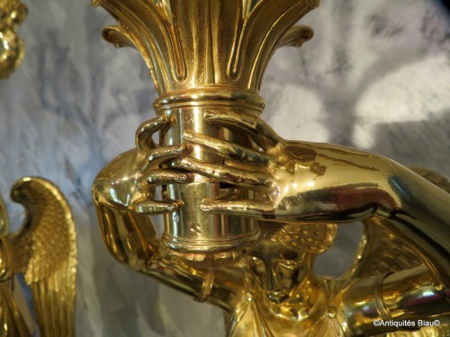 Empire - RABIAT - Paire de candélabres en bronze doré sur gaine en marbre époque Empire