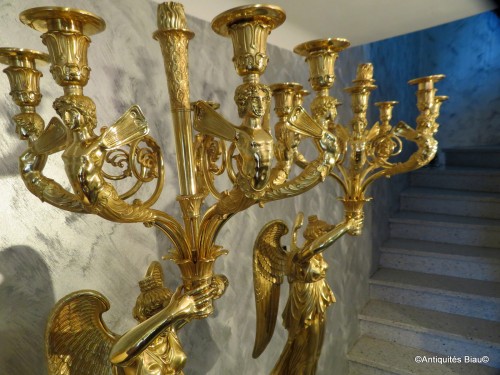 Antiquités - RABIAT - Paire de candélabres en bronze doré sur gaine en marbre époque Empire