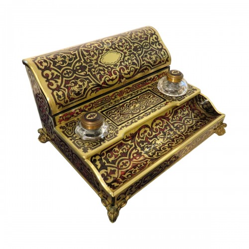 Marqué BASSY Encrier de bureau en marqueterie Boulle époque Napoléon III