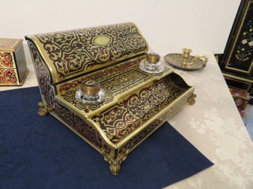 Stamped BASSY Inkwell brass marquetry Boulle crystal inkwell napoleon III p - Decorative Objects Style Napoléon III