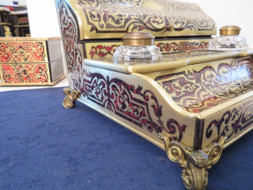 Decorative Objects  - Stamped BASSY Inkwell brass marquetry Boulle crystal inkwell napoleon III p