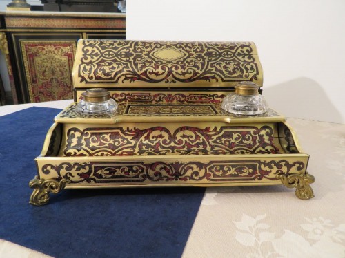 Stamped BASSY Inkwell brass marquetry Boulle crystal inkwell napoleon III p - 
