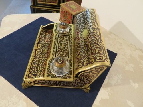Napoléon III - Stamped BASSY Inkwell brass marquetry Boulle crystal inkwell napoleon III p