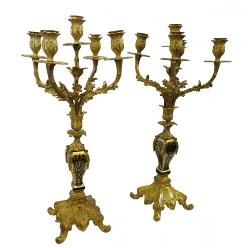 Paire de candélabres en marqueterie Boulle noire et en bronze époque Napoléon III