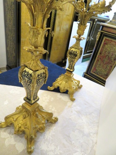 Lighting  - Pair of Candelabra golden Bronze and Black Boulle marquetry in Napoléon III