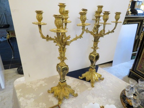 Pair of Candelabra golden Bronze and Black Boulle marquetry in Napoléon III - 