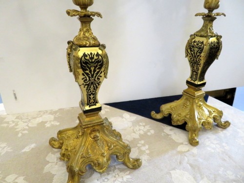 19th century - Pair of Candelabra golden Bronze and Black Boulle marquetry in Napoléon III