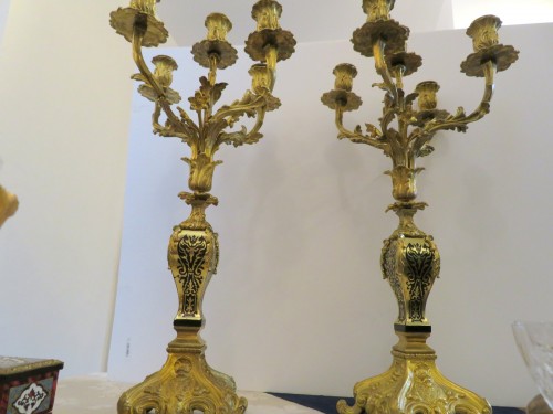 Napoléon III - Pair of Candelabra golden Bronze and Black Boulle marquetry in Napoléon III