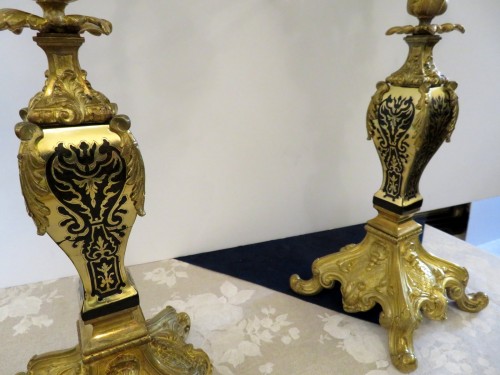 Antiquités - Pair of Candelabra golden Bronze and Black Boulle marquetry in Napoléon III