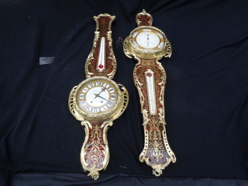 XIXe siècle - Horloge et Baromètre Napoléon III en marqueterie Boulle