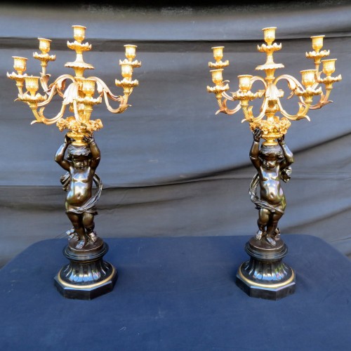 Paire de candélabres bronze patine brune époque Napoléon III - Antiquités Biau
