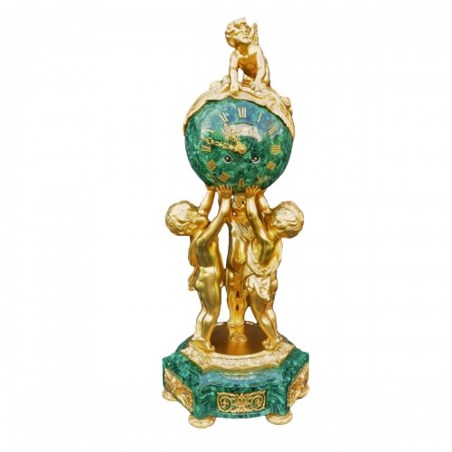 Horloge aux putti en bronze et malachite Napoléon III par Vincenti