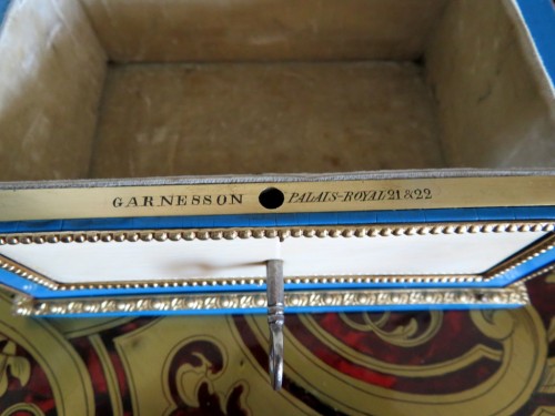 Antiquités - Estamp GARNESSON - Boite à bijoux en marqueterie Boulle TURQUOISE Epoque Napoléon III