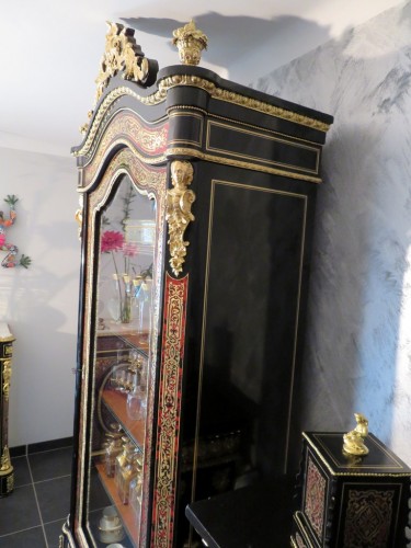 Antiquités - Grande Vitrine à 1 porte en marqueterie Boulle époque Napoléon III