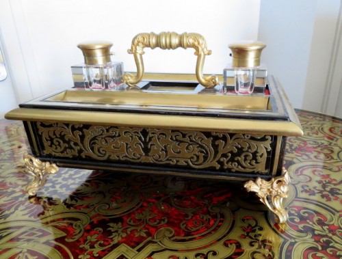 Napoléon III - Inkwell brass marquetry on ebony with crystal inkwell Napoleon III period